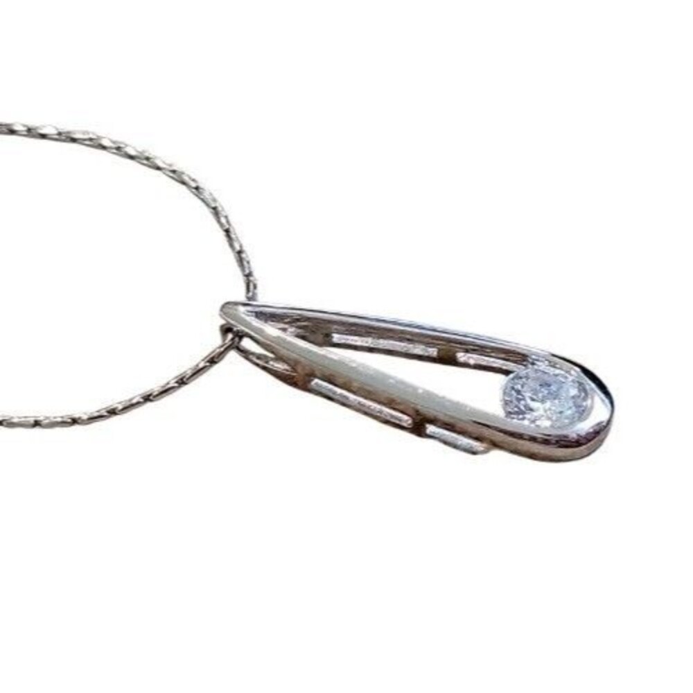 Cookie Lee Silvertone Sparkling CZ Modern Drop Pendant Necklace Reflective Chain - Picture 6 of 10